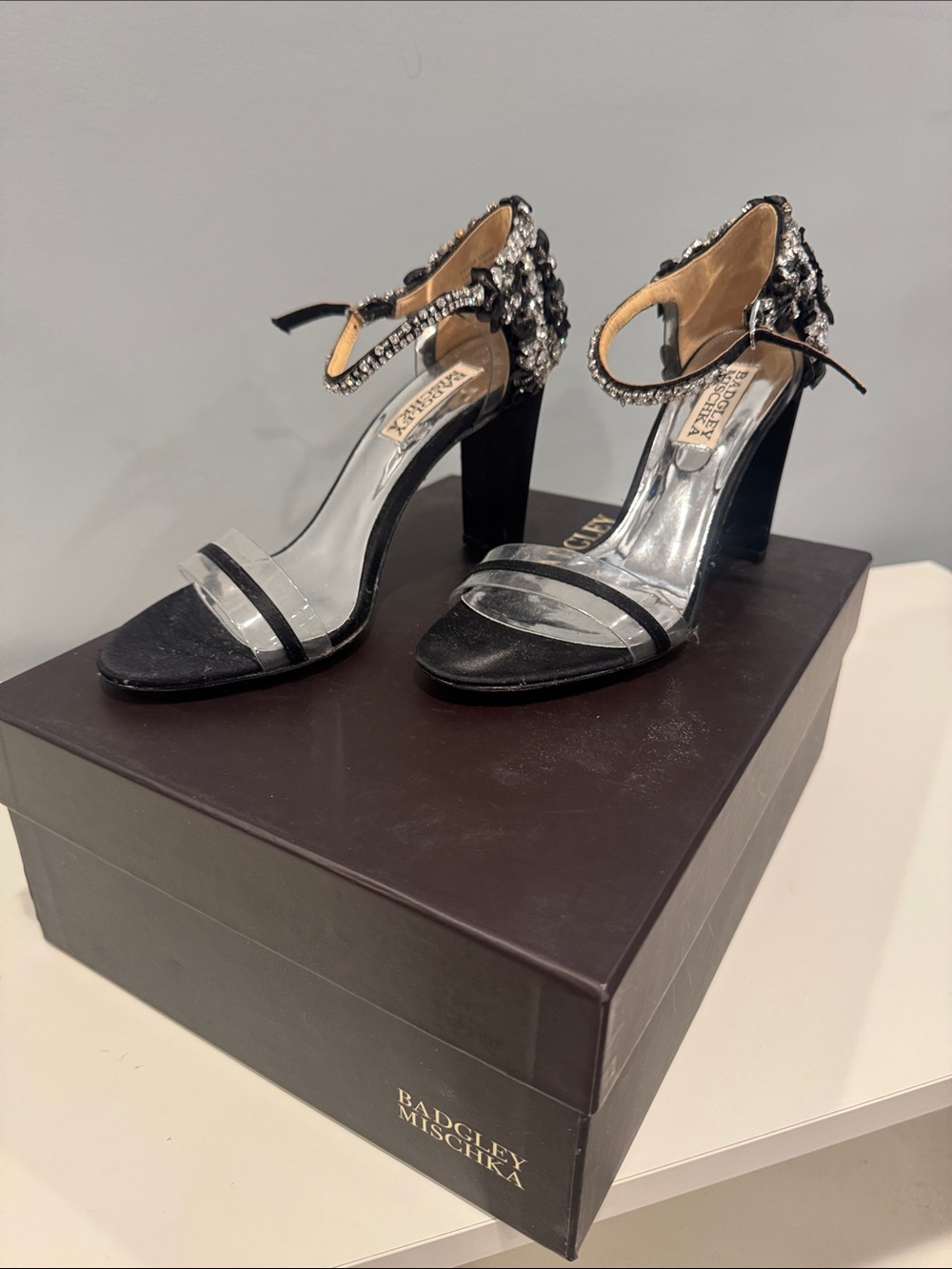 Badgley Mischka Black and Silver Crystal-Ankle Block Sandals